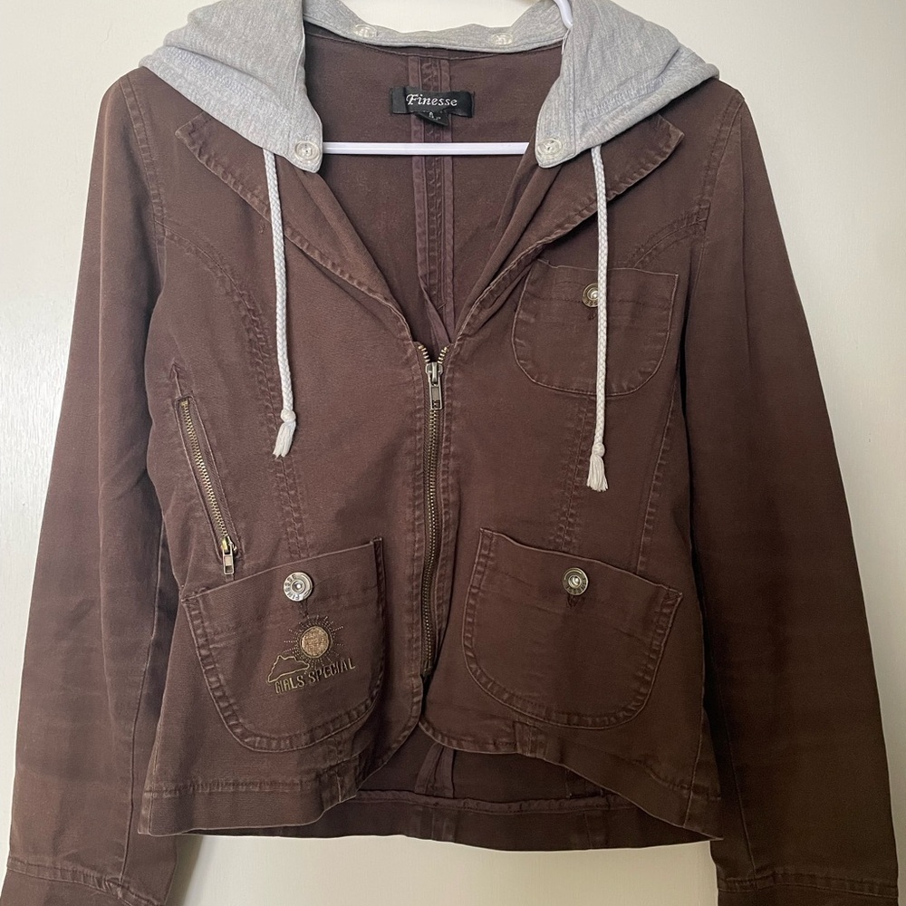 Brown and Gray Utility Jacket with Hood
